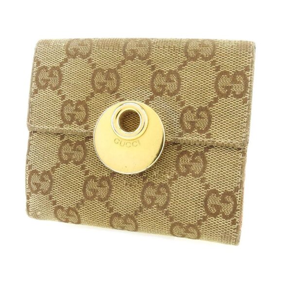 Gucci Double Sided Wallet GGpattern Beige Pink Canvas Leather Used T9705 - Picture 1 of 9